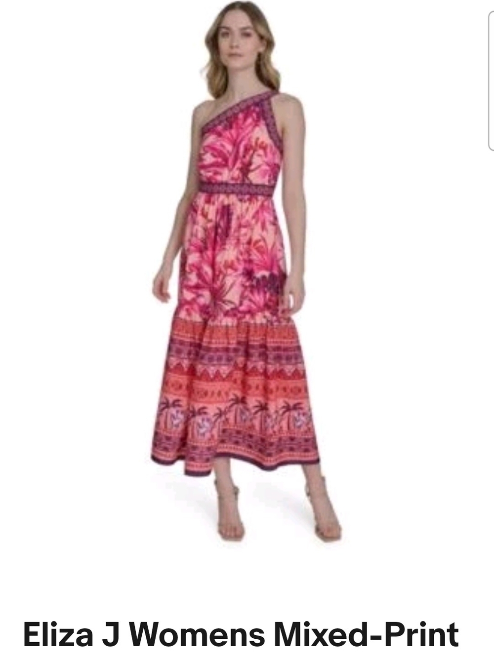 Eliza J One-Shoulder Tropical Print Maxi Dress in Pink and Coral